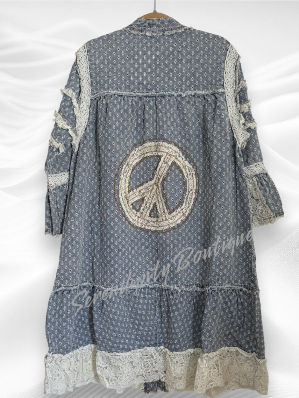 POL NWT Denim Eyelet Lace Peace Sign Maxi Duster Kimono Jacket Boho Festival - Picture 6 of 11